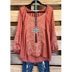 Savanna Jane Embroidered Long Sleeve Peasant Top Small Rust Boho Balloon Sleeve